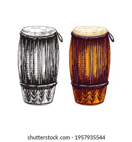 congas high cuban drum, percussion instrument, traditional percussion, hand drawing, colorful, isolated, set, black and white, colored