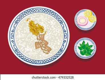 Congee rice porridge with rousong and zha cai which is popular in Asian countries such as China, Vietnam, Korea, Thailand and more. Editable Clip Art.