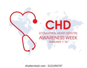 Congenital Heart Defect Awareness Week vector. Stethoscope heart shape and world map icon vector. CHD awareness week Poster, February 7th through 14th. Important day