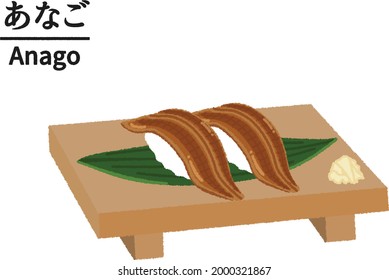 Conger eel, Anago, Nigiri sushi on wooden tray, Delicious Japanese food, Fresh seafood, Text means"Conger eel"