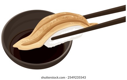 Conger eel sushi held with chopsticks and dipped in soy sauce. Vector illustration.