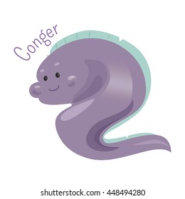 Conger isolated on white background. Genus of marine congrid eels. Part of series of cartoon sea creature species. Ocean animals. Sticker for kids. Child fun pattern icon. Vector design illustration