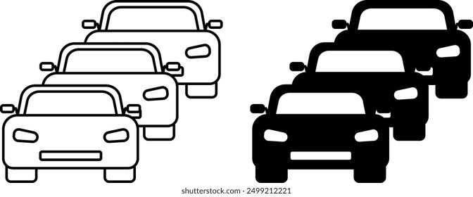Congestion Icons. Black and White Vector Icons. Congestion of Cars, Traffic Jam on Highway. Roads and Vehicles Concept
