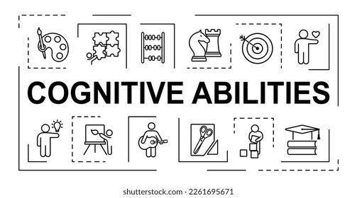 Banner de habilidades cognitivas. Colección de iconos para el sitio web. Pensamiento creativo y lógico, autodesarrollo, formación y educación. Ilustraciones de caricaturas de vectores planos aisladas en fondo blanco