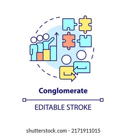 Conglomerate Business Merger Concept Icon. Different Areas Integration. Merger Type Abstract Idea Thin Line Illustration. Isolated Outline Drawing. Editable Stroke. Arial, Myriad Pro-Bold Fonts Used