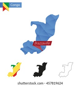 Congo blue Low Poly map with capital Brazzaville, versions with flag, black and outline. Vector Illustration.