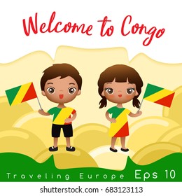 Congo : Boy and girl with national flag : Vector Illustration