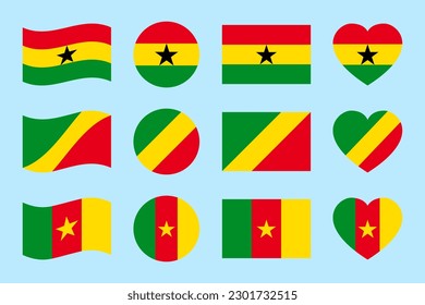 Congo, Cameroon, Ghana flag vector illustration. Congolese, Cameroonian, Ghanaian official symbols. Isolated geometric shapes. African states flags shapes. Flat style simple icons.