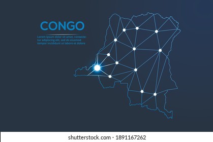 Congo communication network map. Vector low poly image of a global map with lights in the form of cities. Map in the form of a constellation, mute and stars.