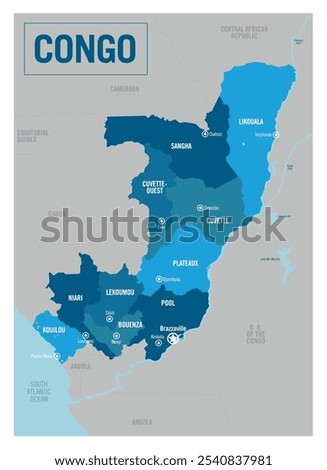 Congo country political map. Africa. Detailed vector illustration with isolated states, regions, islands and cities easy to ungroup. 