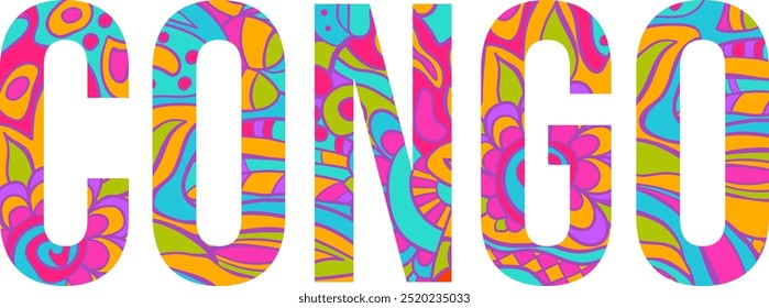 Congo creative country name text design filled with colorful doodle pattern	