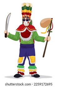 Congo dancer's attire for Barranquilla's Carnival: white makeup with red cheeks, top hat with flowers, sunglasses, long sleeves shirt, pants, holding a wand with a dried bladder and machete.