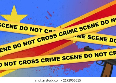 Banner vectorial de ataque armado de la República Democrática del Congo, concepto de tiroteo, asalto armado con armas y mancha de sangre en la bandera de la República del Congo, cinta amarilla de la policía, composición de la escena del crimen, parte superior 