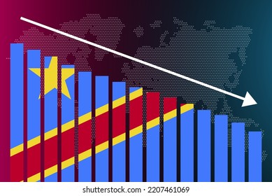 Congo Democratic Republic bar chart graph, decreasing values, crisis and downgrade concept, Congo flag on bar graph, down arrow on data, news banner idea, fail and decrease, financ