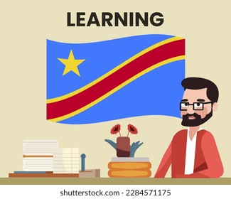 Congo Democratic Republic flag with a male teacher, learning or teaching Congo Democratic Republic language, bearded man with glasses and country flag vector design, language school concept