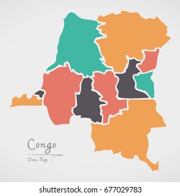 Congo Democratic Republic Map with states and modern round shapes