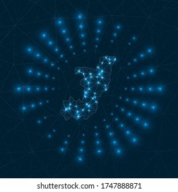 Congo digital map. Glowing rays radiating from the country. Network connections and telecommunication design. Vector illustration.