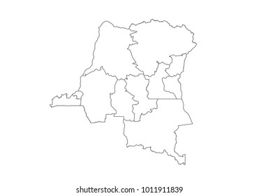 congo DR map with country borders, thin black outline on white background. High detailed vector map with counties/regions/states - congo DR. contour, shape, outline, on white.