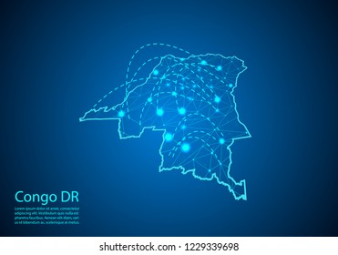 congo DR map with nodes linked by lines. concept of global communication and business. Dark congo DR map created from white dots with travel locations or internet connection.