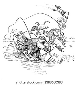 Congo Fishing Club Annual Excursion 2, this scene shows various animals like monkey, giraffe, elephant, lion on boat, boat sinking in the water, vintage line drawing or engraving illustration