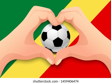 Congo flag and hand heart shape. National football background. Soccer ball with flag of Congo vector illustration
