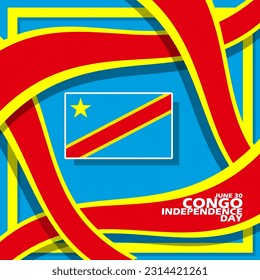 Congo flag with ribbons and bold text in frame on blue background to commemorate Congo Independence Day on June 30