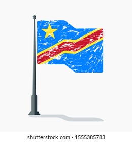 Congo flag with scratches, vector flag of Congo waving on flagpole with shadow
