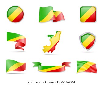 Congo flags collection. Flags and outline of the country vector illustration set