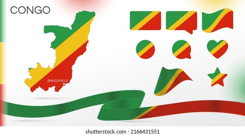 Congo flags set. Various designs. Map and capital city. World flags. Vector set. Circle icon. Template for independence day. Collection of national symbols. Ribbon with colors of the flag. Africa