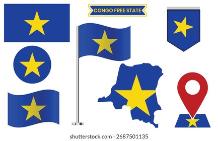 Congo Free State Flag Icon Set, Mapa de vetor, Badge, Pin Waving Flag Collection