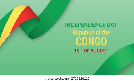 Anuncio del Día de la Independencia del Congo con cinta de la bandera y diseño patriótico del fondo.