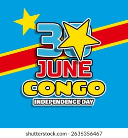 Congo Independence Day to celebrate on June 30th. Congo flag with star, numbers and bold text on sky blue background. Happy Independence Day.