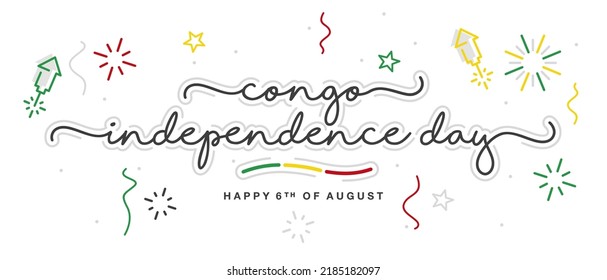 Tipografía escrita a mano del Día de la Independencia del Congo con estrellas, fuegos artificiales, confeti y la bandera abstracta de la República del Congo aislada en fondo blanco