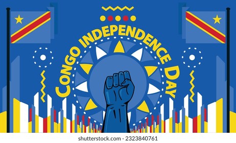 Congo Independence Day vector banner design with retro geometric shapes, Congo flag and color theme, fist pump icon and typography. Happy Congo Independence Day modern graphic poster illustration.