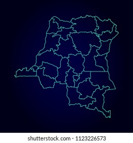 Congo map: blue glitter outline with sparkling stars on dark background. Detailed map of Congo. Vector illustration.