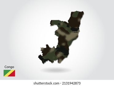 congo map with camouflage pattern, Forest - green texture in map. Military concept for army, soldier and war. coat of arms, flag.