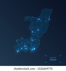 Congo map with cities. Luminous dots - neon lights on dark background. Vector illustration. 
