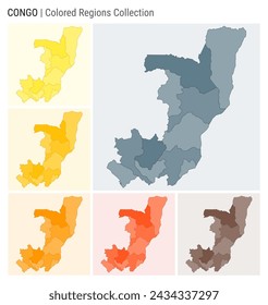 Congo map collection. Country shape with colored regions. Blue Grey, Yellow, Amber, Orange, Deep Orange, Brown color palettes. Border of Congo with provinces for your infographic. Vector illustration.