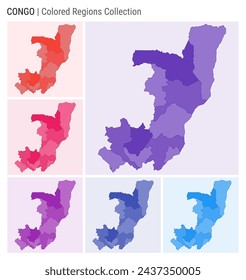 Colección de mapas del Congo. Forma de país con regiones de color. Paletas de colores Deep Purple, Red, Pink, Purple, Indigo, Blue. Frontera del Congo con las provincias para su infografía. Ilustración vectorial.