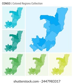 Congo map collection. Country shape with colored regions. Light Blue, Cyan, Teal, Green, Light Green, Lime color palettes. Border of Congo with provinces for your infographic. Vector illustration.