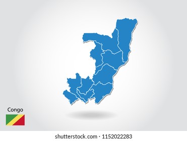 congo map design with 3D style. Blue congo map and National flag. Simple vector map with contour, shape, outline, on white.