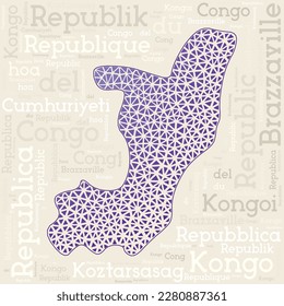 Congo map design. Country names in different languages and map shape with geometric low poly triangles. Classy vector illustration of Congo.