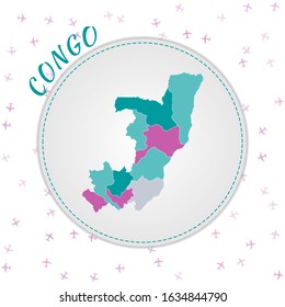 Congo map design. Map of the country with regions in emerald-amethyst color palette. Rounded travel to Congo poster with country name and airplanes background. Stylish vector illustration.