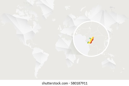 Congo map with flag in contour on white polygonal World Map. Vector Illustration.