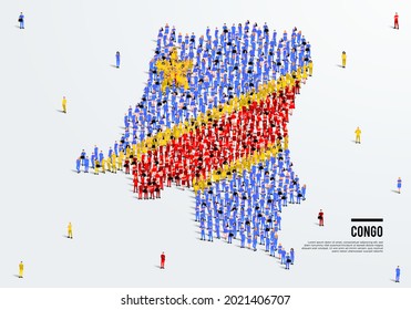 Congo Map and Flag. A large group of people in the Republic of the Congo flag color form to create the map. Vector Illustration.