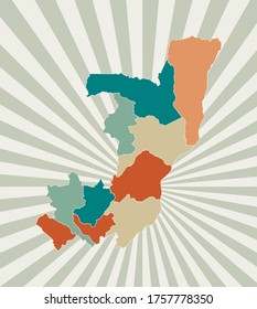 Mapa del Congo. Afiche con mapa del país en paleta de color retro. Forma del Congo con fondo de rayos de sol. Ilustración vectorial.