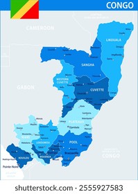 Congo Map Vector Blue Spot - Customizable layered political map of Congo with administrative divisions for website, education, reports, news, politics, print, poster and wallpaper