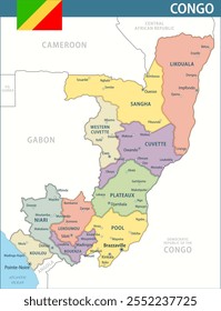 Congo Map Vector New 2024 Colorful - Customizable layered political map of Congo with administrative divisions for website, education, reports, news, politics, print, poster and wallpaper