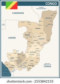 Congo Map Vector Vintage Dark Blue Beige - Customizable layered political map of Congo with administrative divisions for website, education, reports, news, politics, print, poster and wallpaper