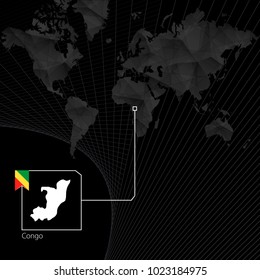 Congo on black World Map. Map and flag of Congo.